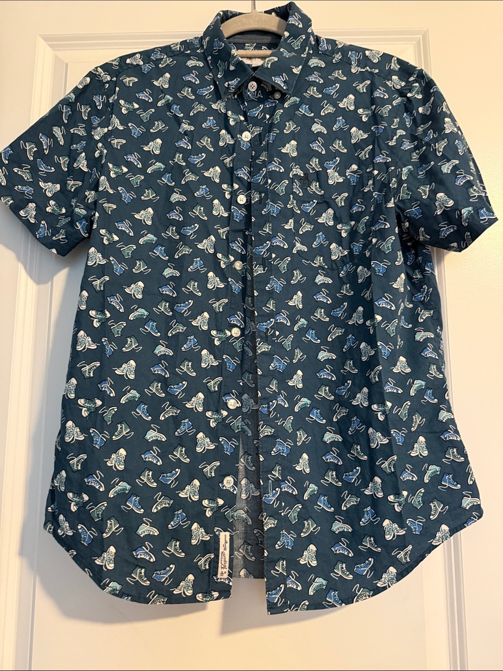 Navy Short Sleeve Button-Up Shirt with Sneaker Print